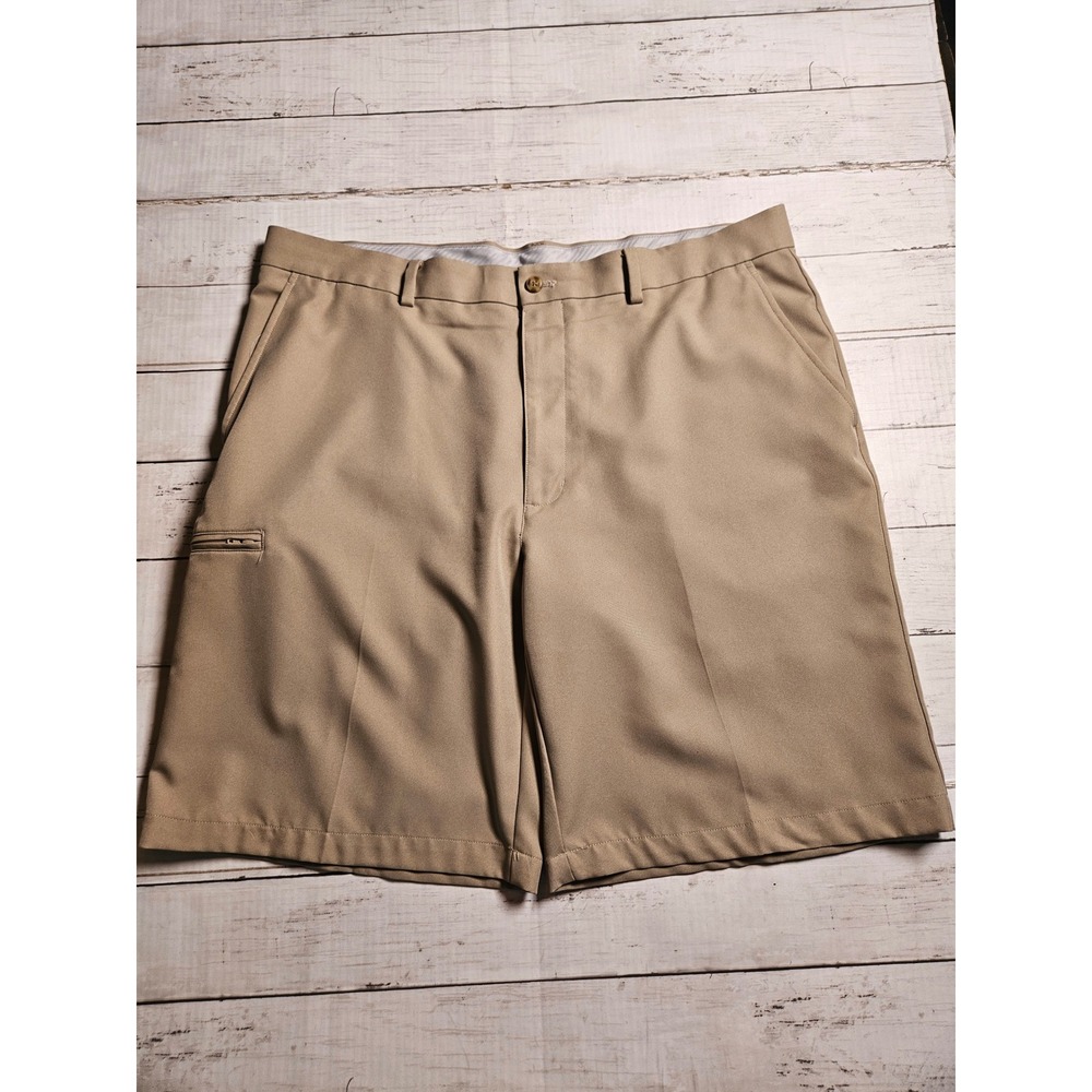 PGA Tour Mens Khaki Golf Shorts Tan Flat Front Size 38 Zipper Pocket